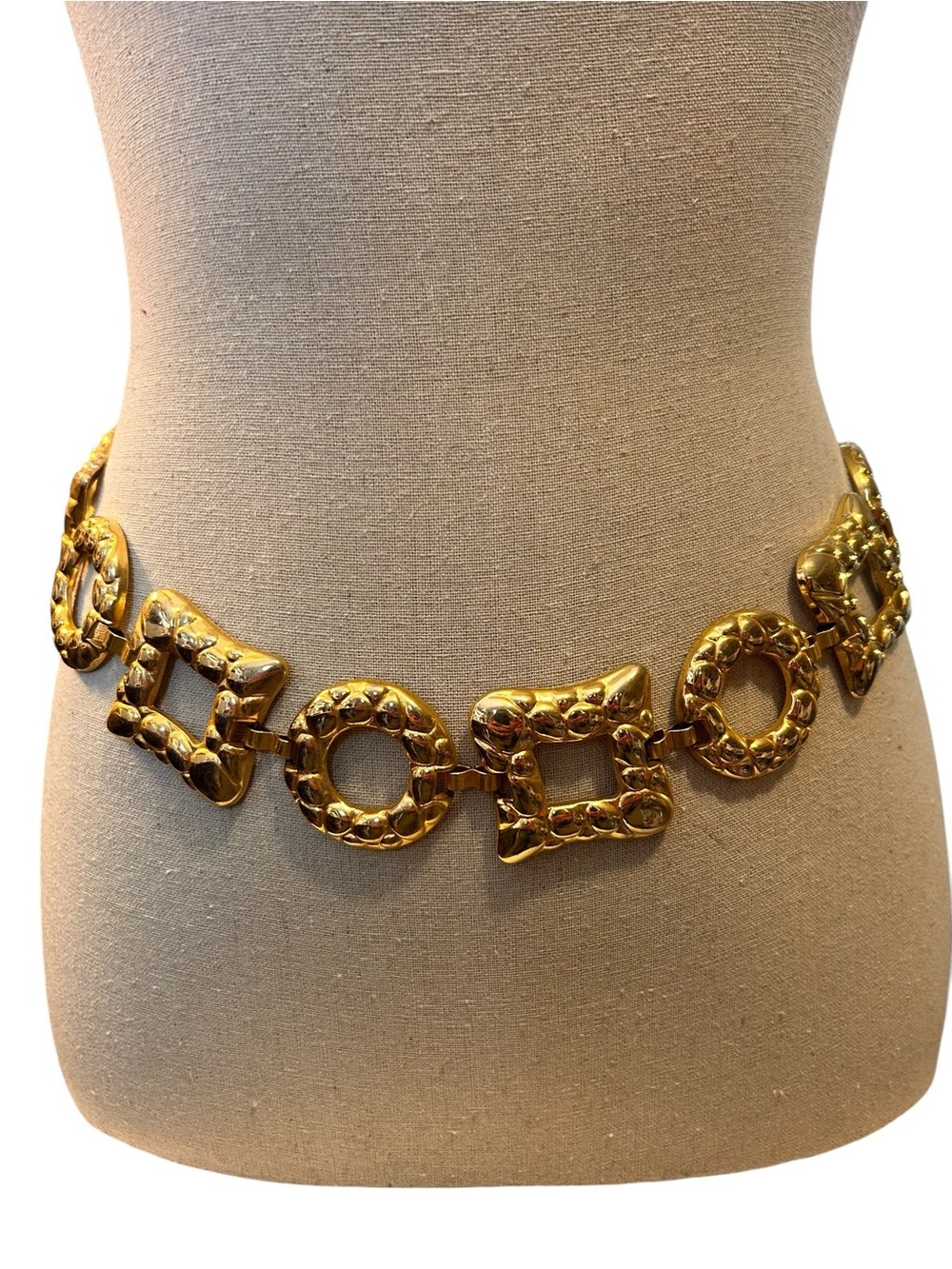 Vintage gold-tone geometric statement link chain belt, chunky hip belt
